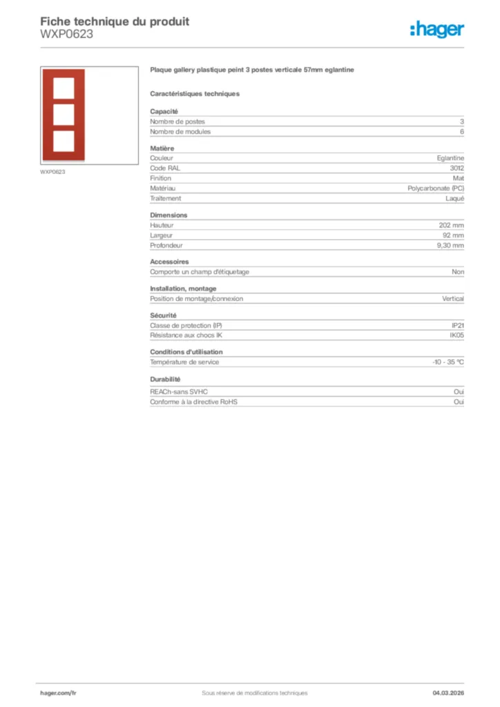 Image Hager Fiche technique du produit WXP0623 | Hager France