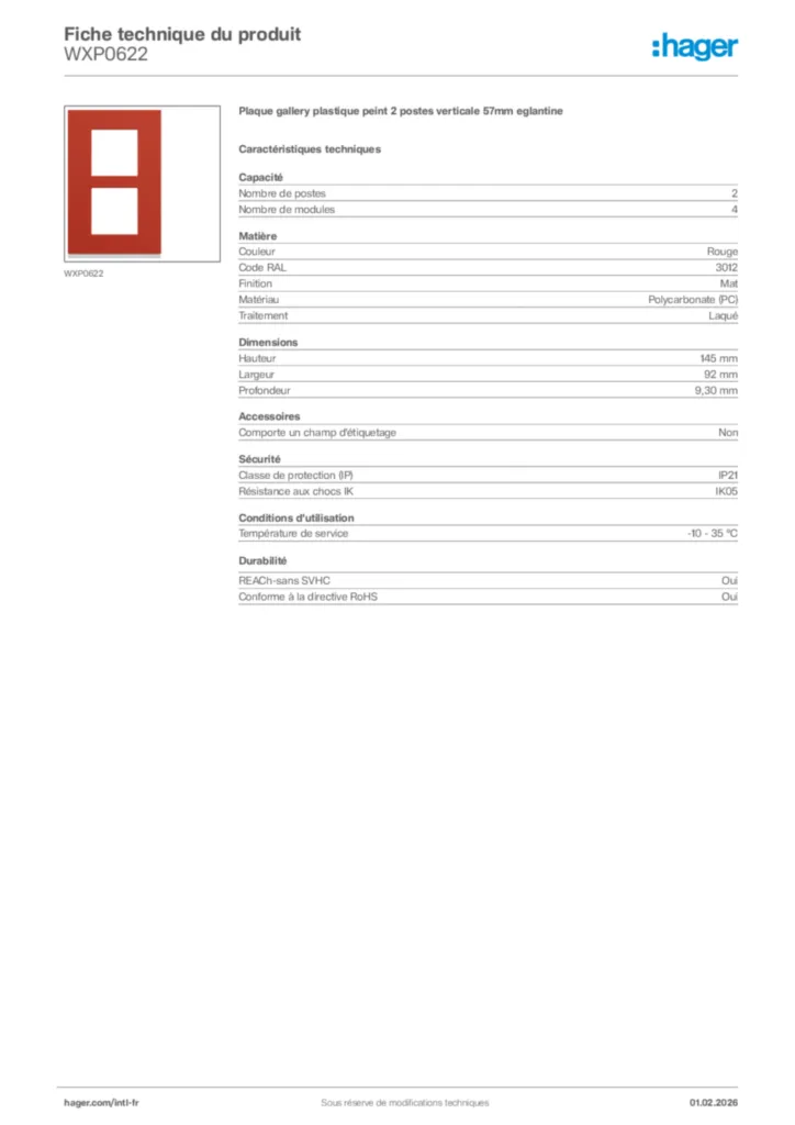 Image Hager Fiche technique du produit WXP0622 | Hager Afrique