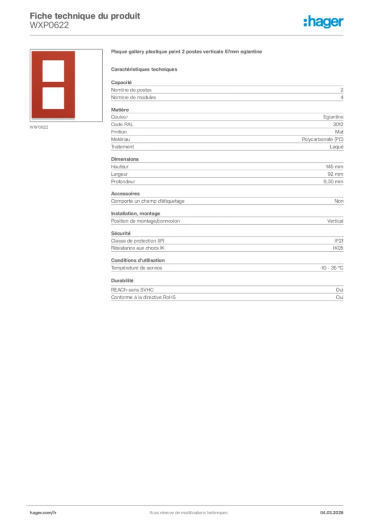 Image Hager Fiche technique du produit WXP0622 | Hager France