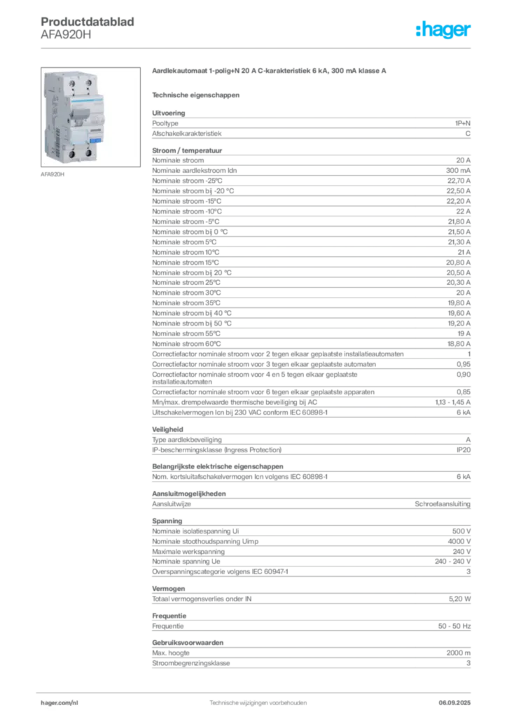 Afbeelding Hager Productdatablad AFA920H | Hager Nederland