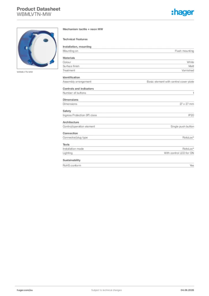Image Hager Product data sheet WBMLVTN-MW  | Hager Australia