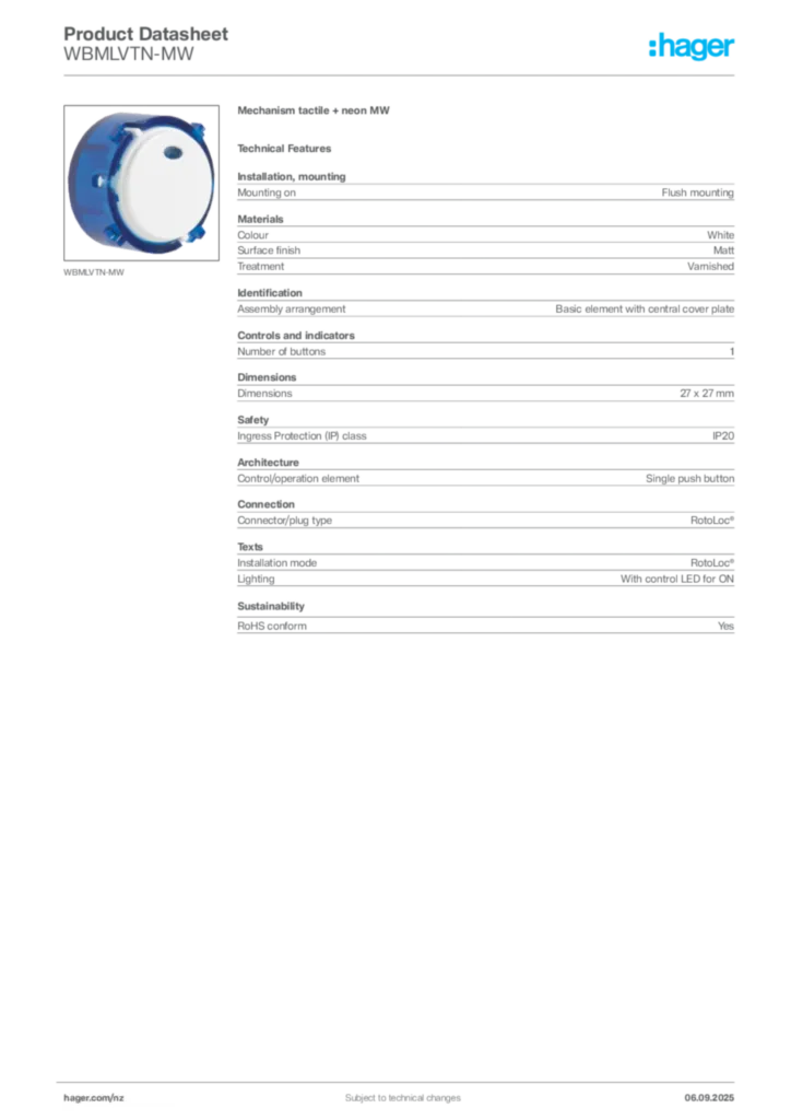 Image Hager Product data sheet WBMLVTN-MW  | Hager New Zealand
