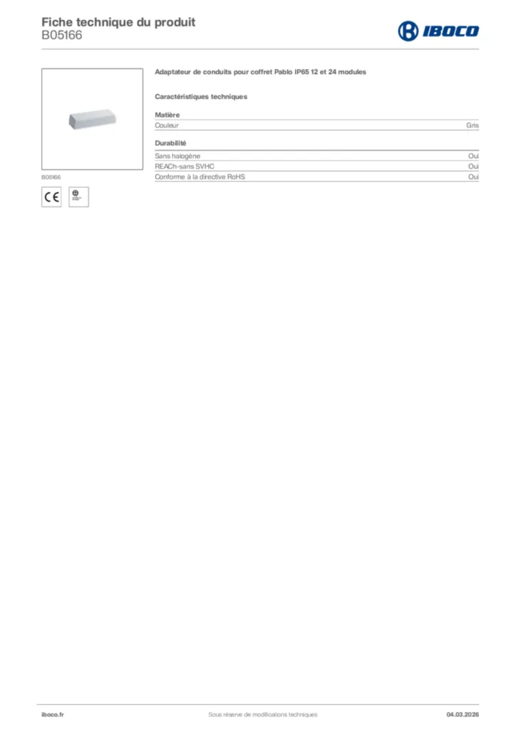 Image Iboco Fiche technique du produit B05166 | Hager France