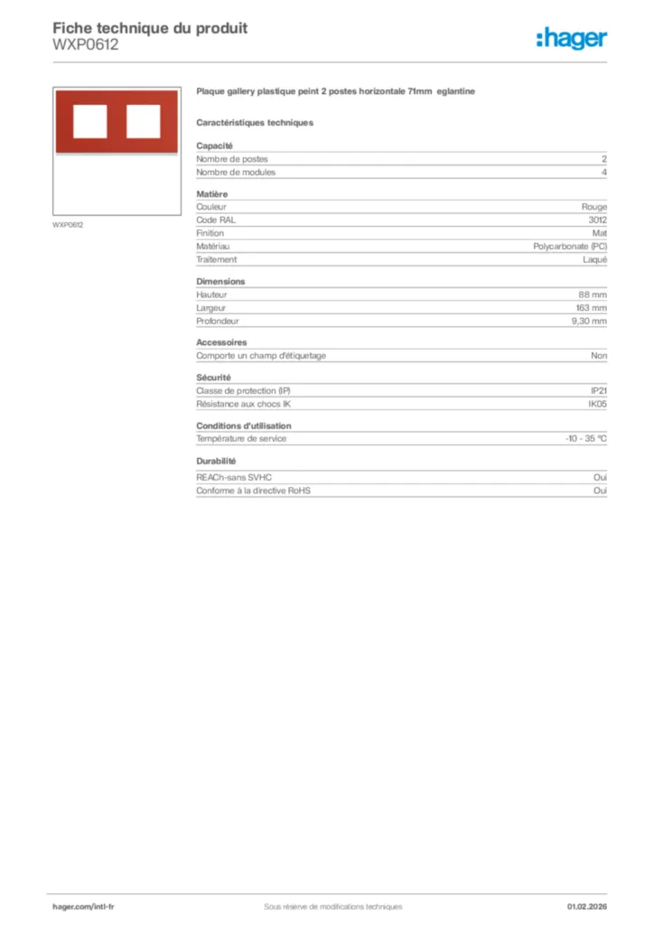 Image Hager Fiche technique du produit WXP0612 | Hager Afrique