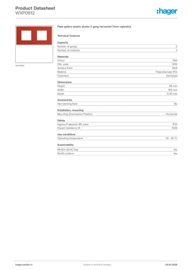 Image Hager Product data sheet WXP0612  | Hager