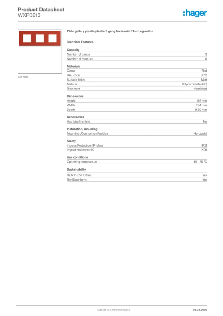 Image Hager Product data sheet WXP0613  | Hager Africa