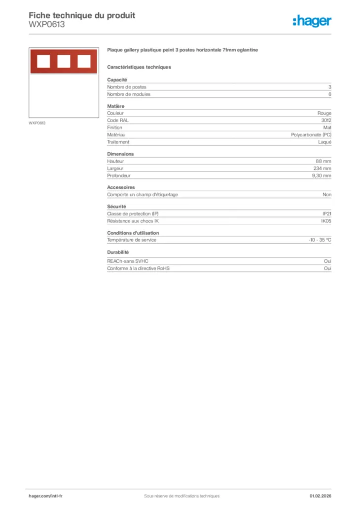 Image Hager Fiche technique du produit WXP0613 | Hager Afrique