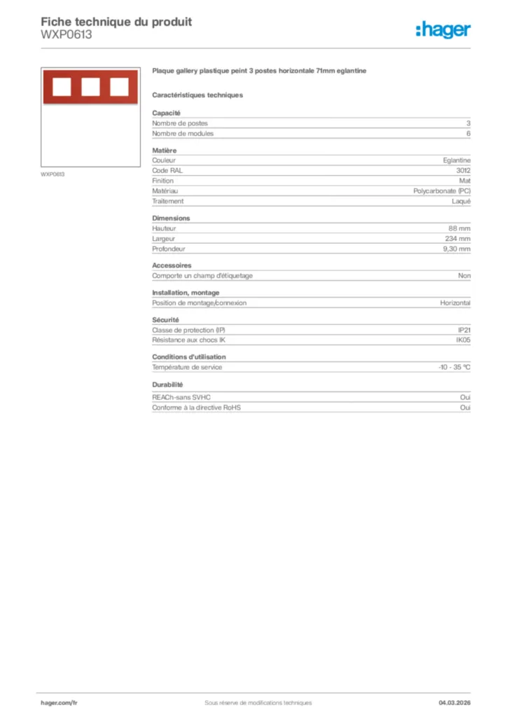 Image Hager Fiche technique du produit WXP0613 | Hager France