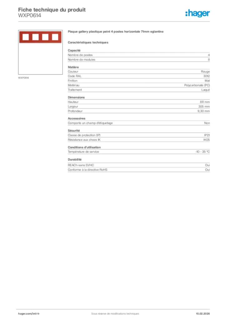 Image Hager Fiche technique du produit WXP0614 | Hager Afrique