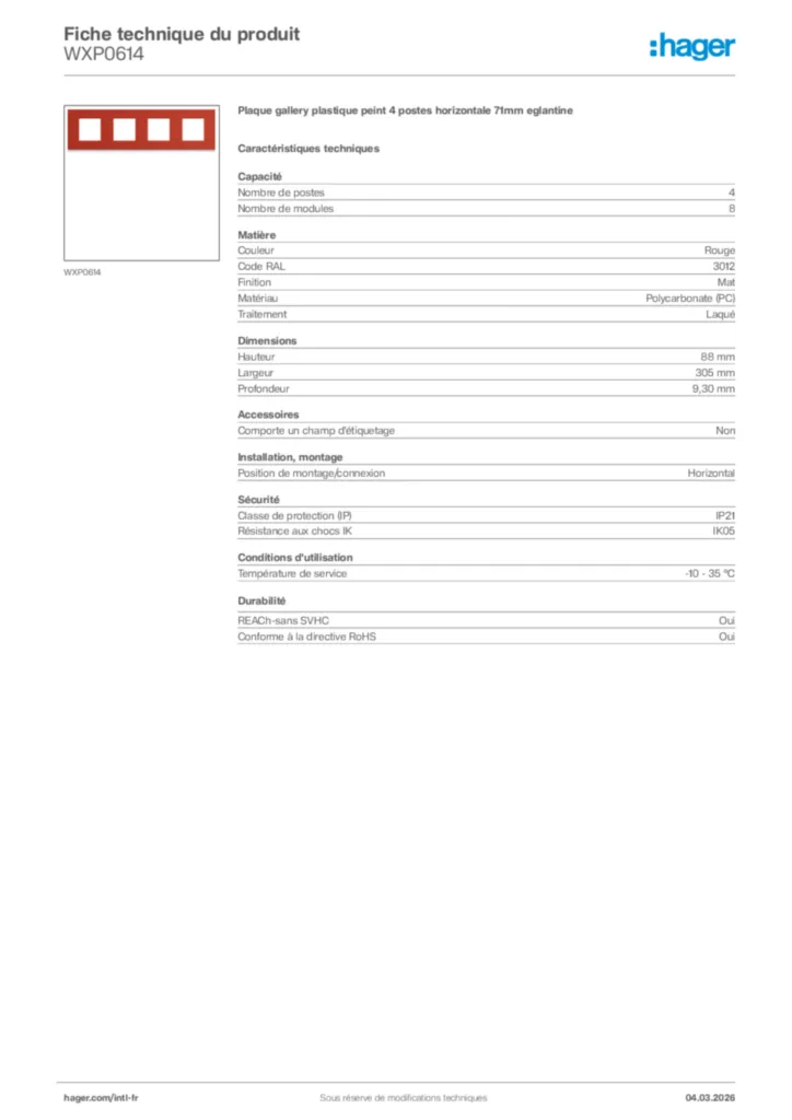 Image Hager Fiche technique du produit WXP0614 | Hager Afrique