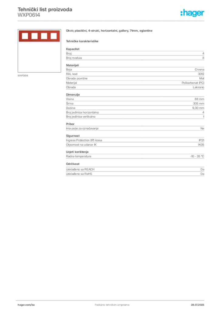Slika Hager Product data sheet WXP0614  | Hager