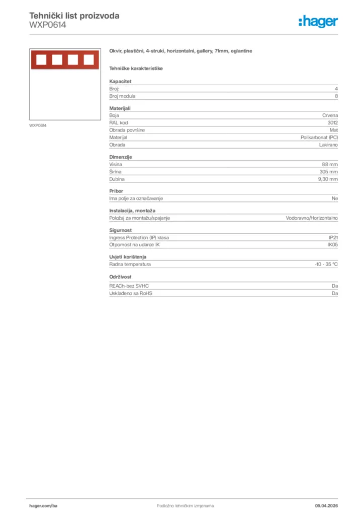 Slika Hager Tehnički list proizvoda WXP0614  | Hager