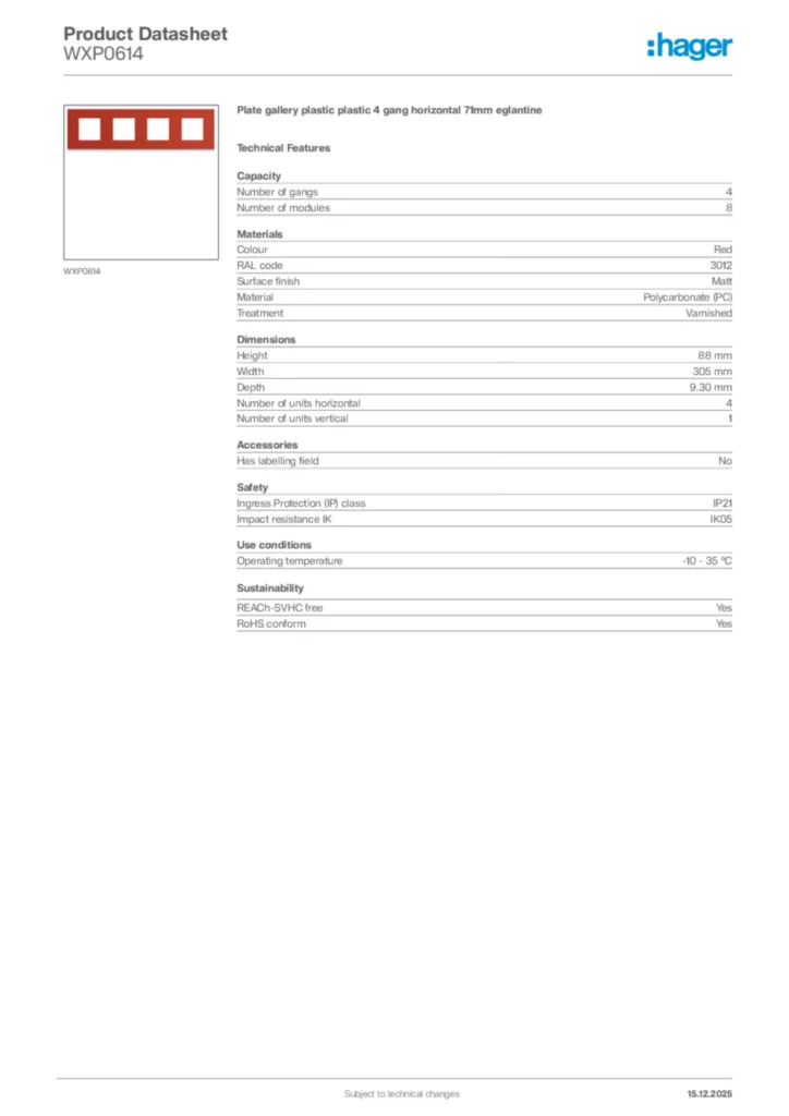 Image Hager Product data sheet WXP0614  | Hager