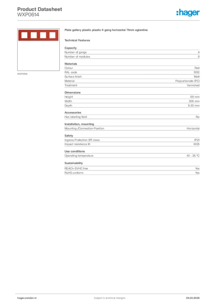 Image Hager Product data sheet WXP0614  | Hager
