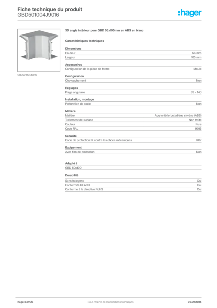 Image Hager Fiche technique du produit GBD501004J9016 | Hager France
