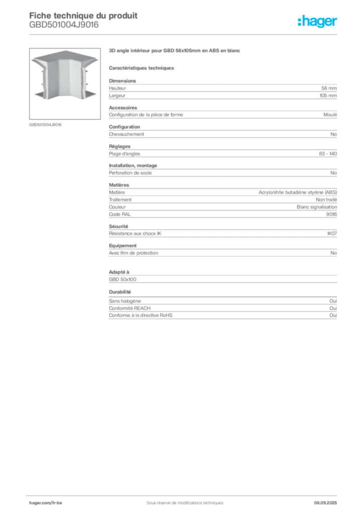 Image Hager Fiche technique du produit GBD501004J9016 | Hager Belgique