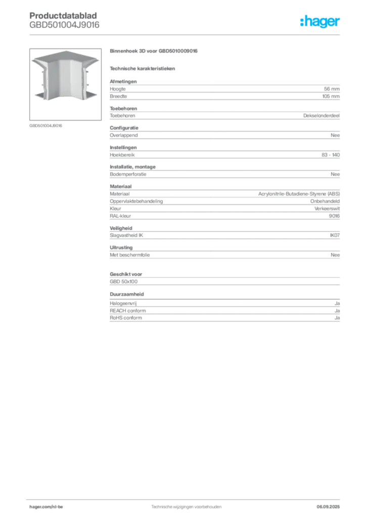 Afbeelding Hager Productdatablad GBD501004J9016 | Hager Belgium