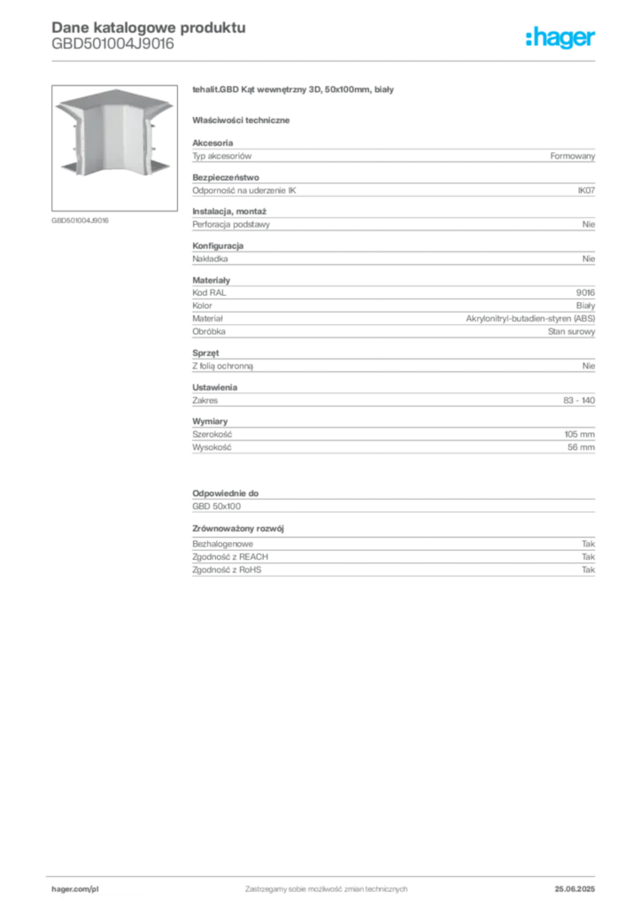 Zdjęcie Hager Dane katalogowe produktu GBD501004J9016 | Hager Polska