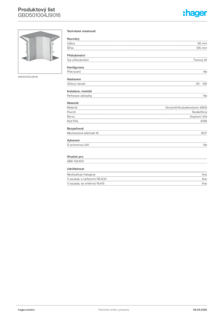 Obrázek Hager Produktový list GBD501004J9016 | Hager