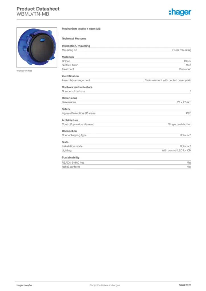 Image Hager Product data sheet WBMLVTN-MB  | Hager New Zealand