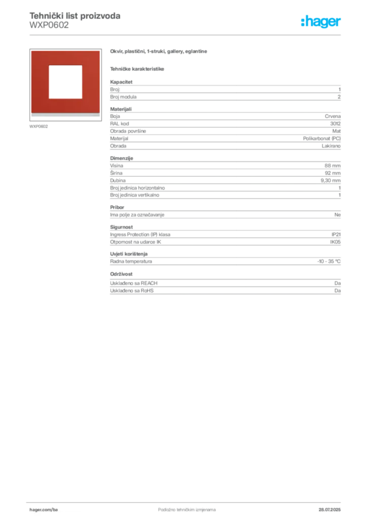 Slika Hager Product data sheet WXP0602  | Hager