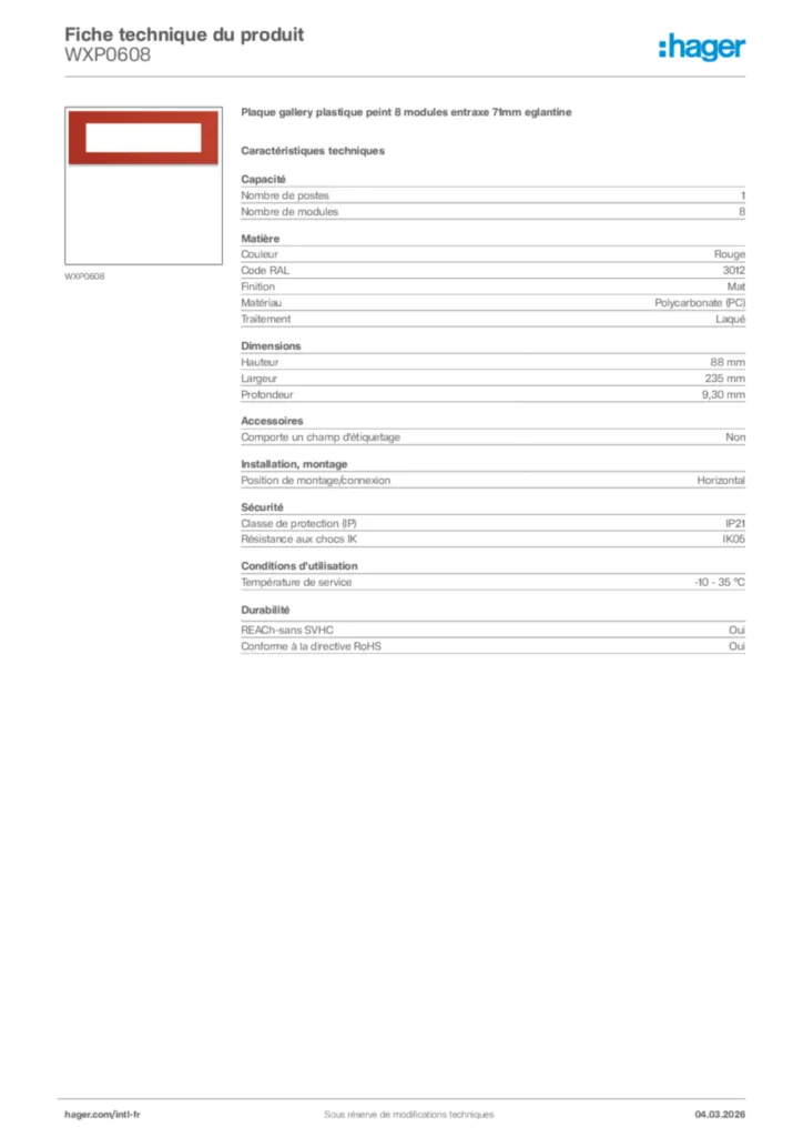 Image Hager Fiche technique du produit WXP0608 | Hager Afrique