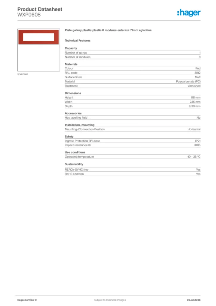 Image Hager Product data sheet WXP0608  | Hager