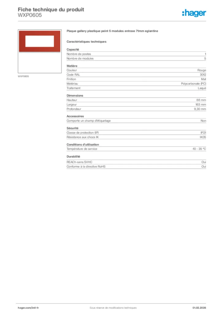 Image Hager Fiche technique du produit WXP0605 | Hager Afrique