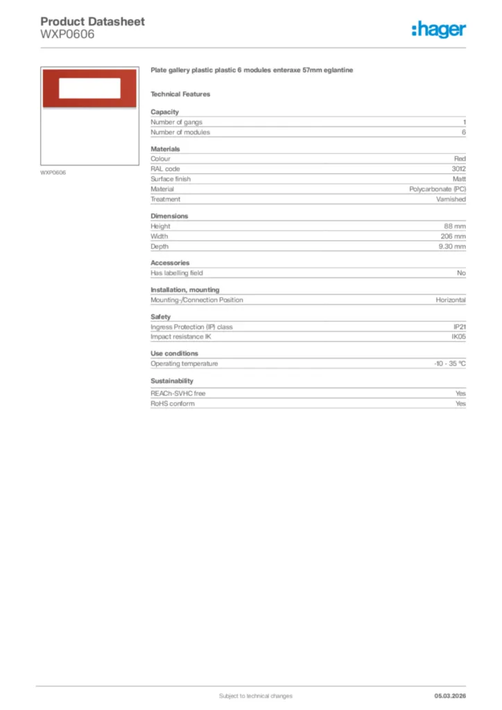 Image Hager Product data sheet WXP0606  | Hager Africa