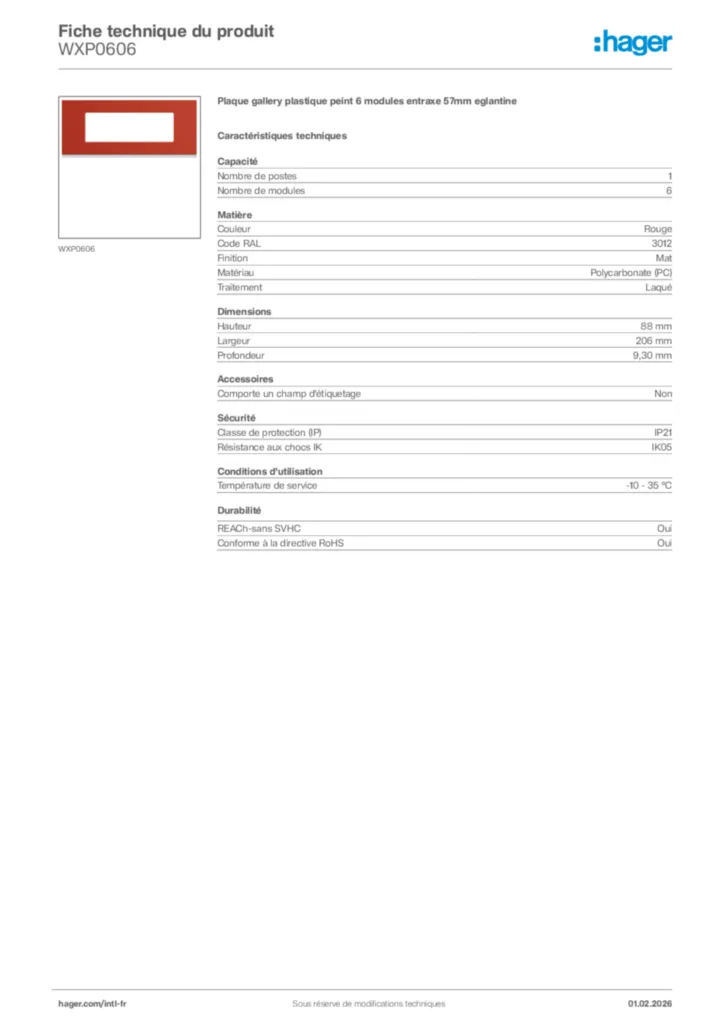 Image Hager Fiche technique du produit WXP0606 | Hager Afrique