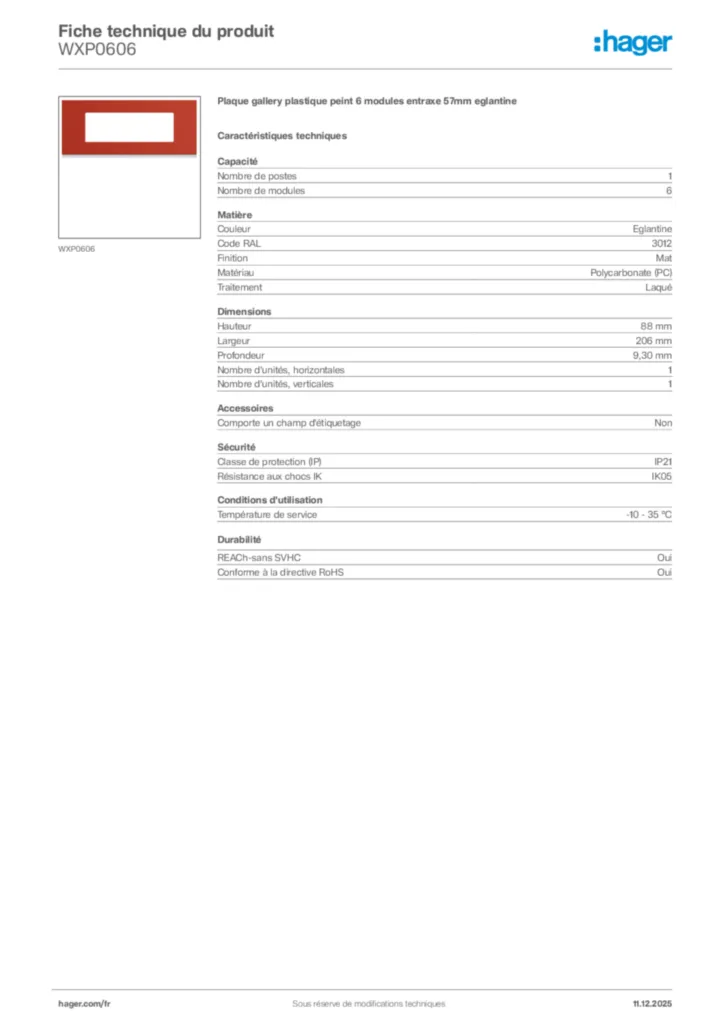 Image Hager Fiche technique du produit WXP0606 | Hager France