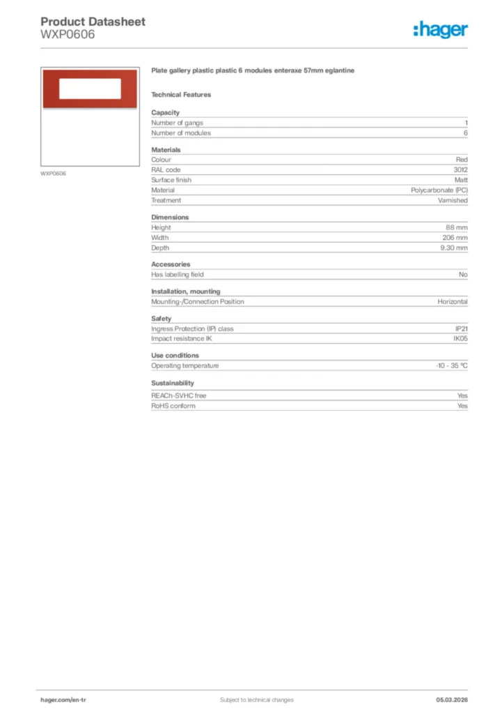 Image Hager Product data sheet WXP0606  | Hager