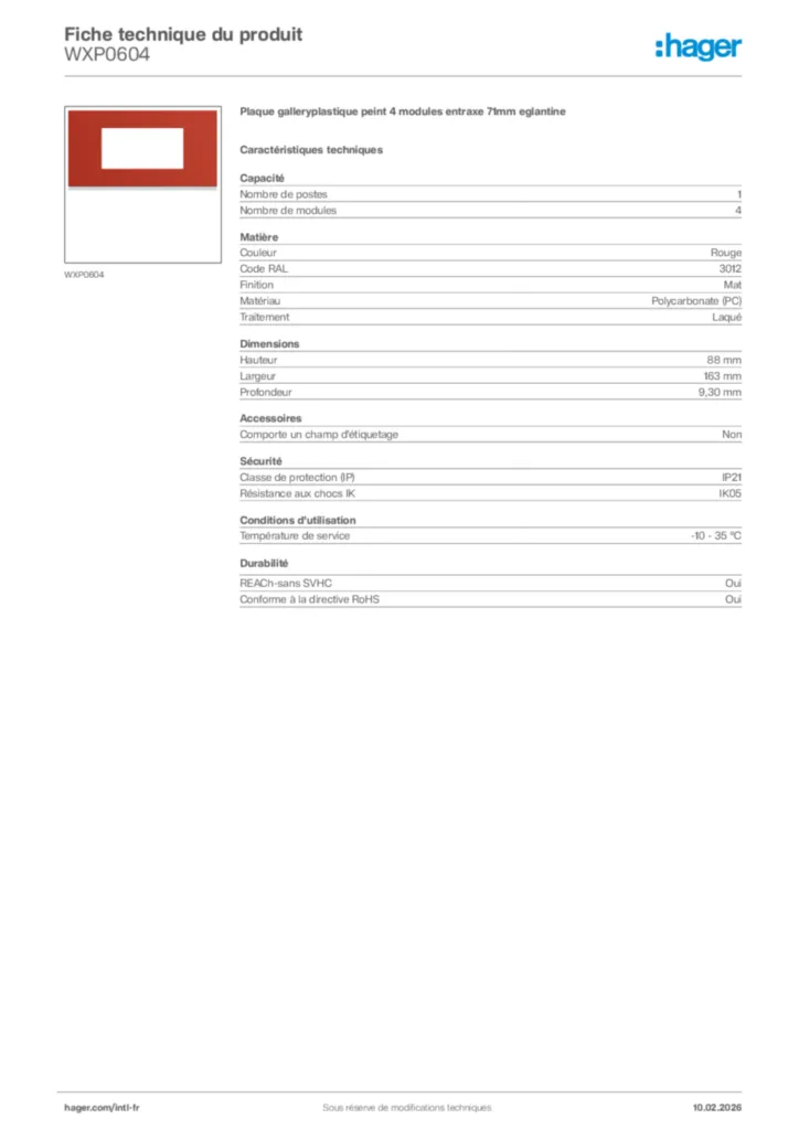 Image Hager Fiche technique du produit WXP0604 | Hager Afrique