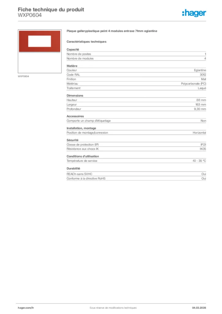 Image Hager Fiche technique du produit WXP0604 | Hager France