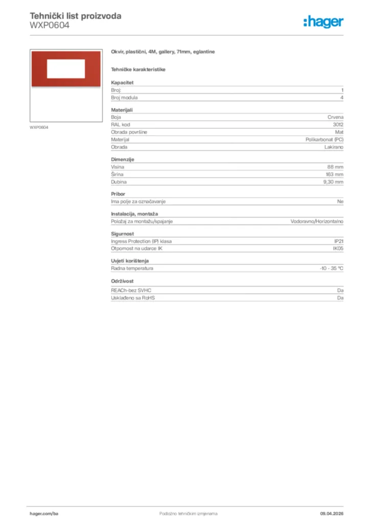 Slika Hager Tehnički list proizvoda WXP0604  | Hager