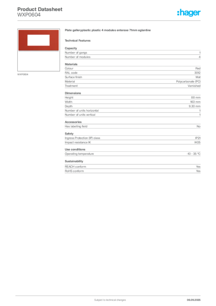 Image Hager Product data sheet WXP0604  | Hager