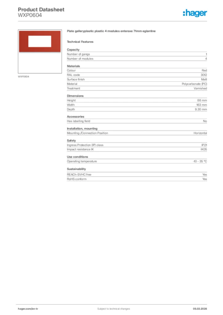 Image Hager Product data sheet WXP0604  | Hager