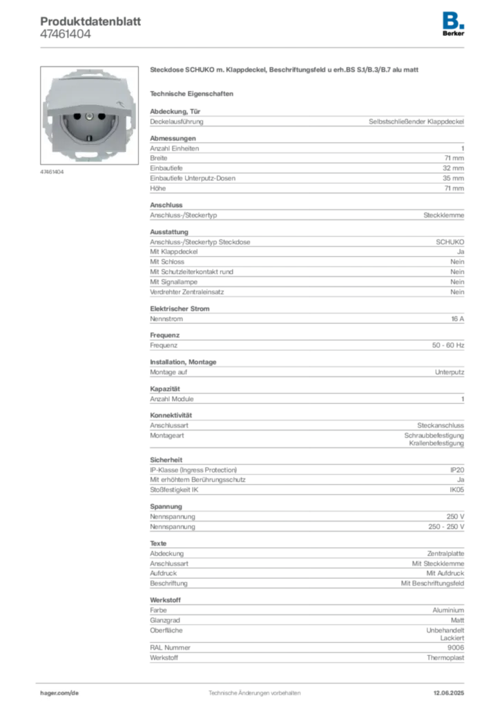 Bild Berker Produktdatenblatt 47461404 | Hager Deutschland