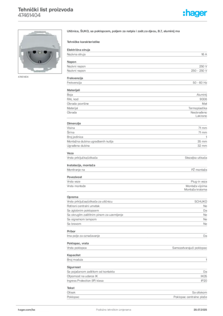 Slika Hager Product data sheet 47461404  | Hager