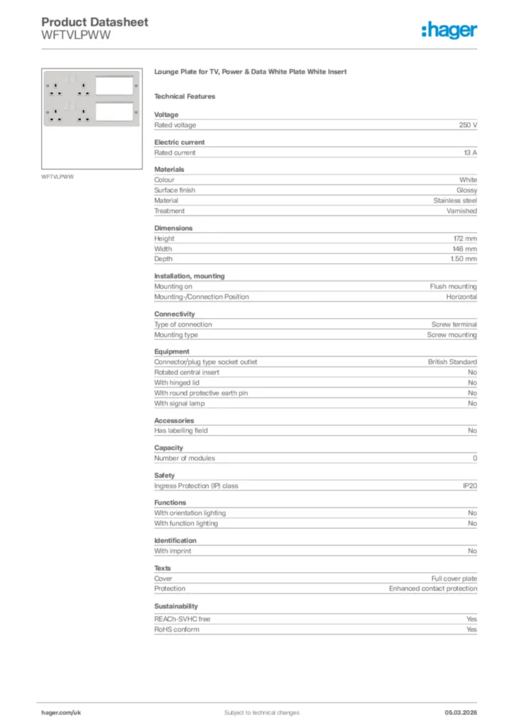 Image Hager Product data sheet WFTVLPWW  | Hager