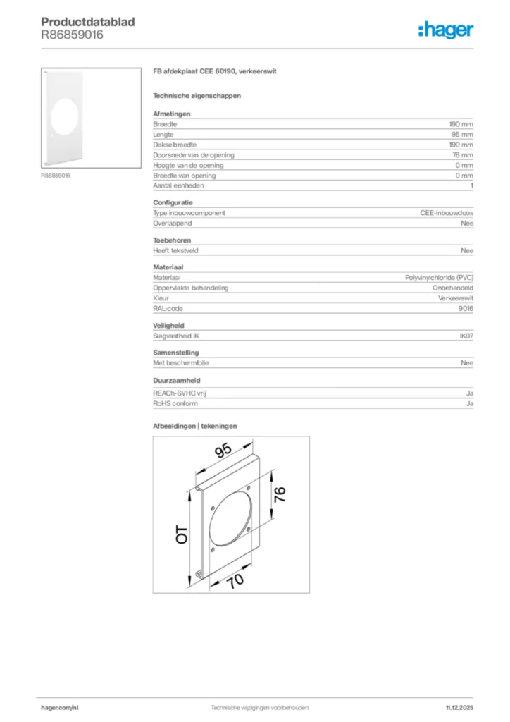 Afbeelding Hager Productdatablad R86859016 | Hager Nederland