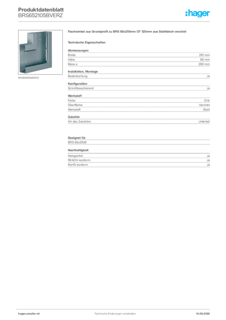 Bild Hager Produktdatenblatt BRS652105BVERZ | Hager Schweiz