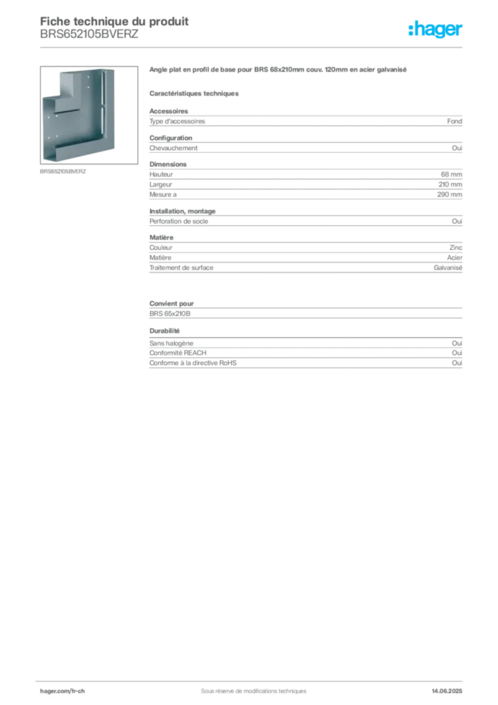 Image Hager Fiche technique du produit BRS652105BVERZ | Hager Suisse