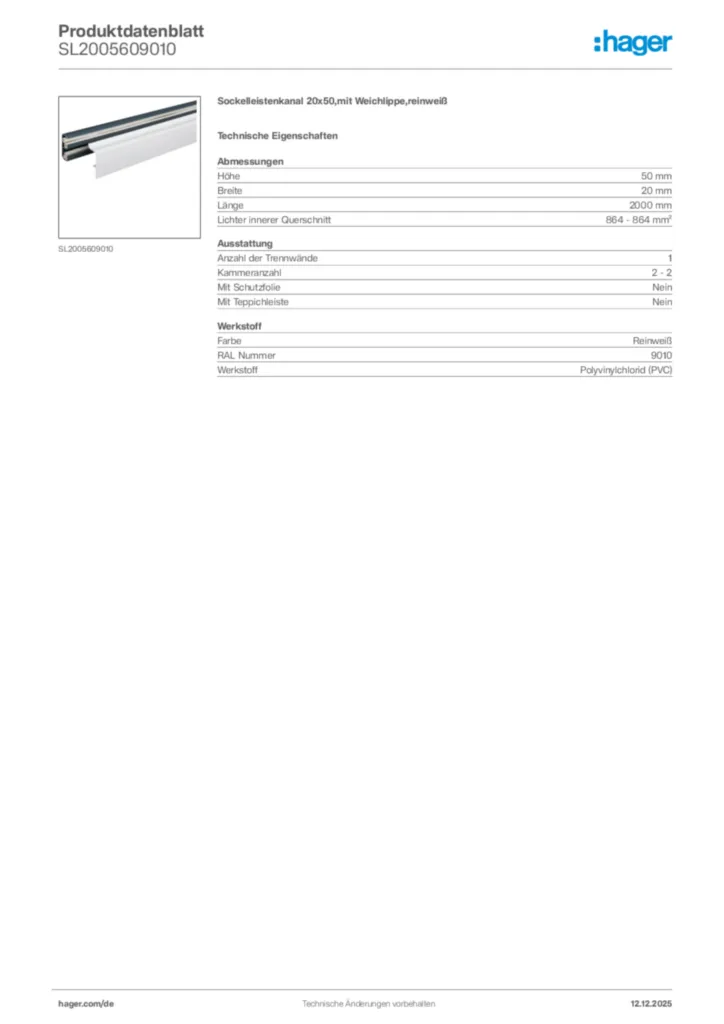 Bild Hager Produktdatenblatt SL2005609010 | Hager Deutschland