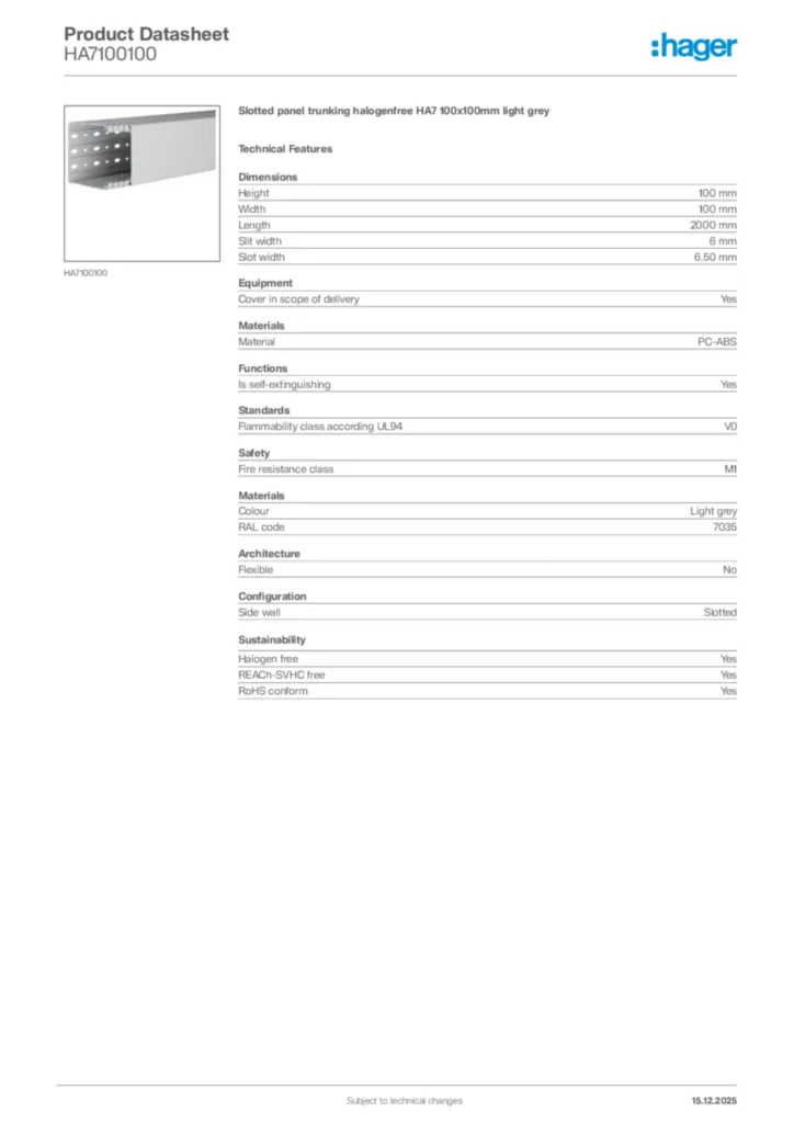 Image Hager Product data sheet HA7100100  | Hager Africa