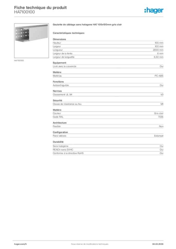 Image Hager Fiche technique du produit HA7100100 | Hager France