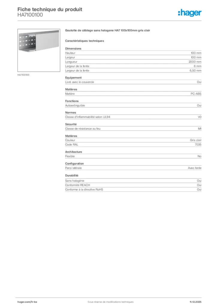 Image Hager Fiche technique du produit HA7100100 | Hager Belgique