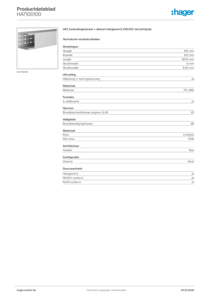 Afbeelding Hager Productdatablad HA7100100 | Hager Belgium