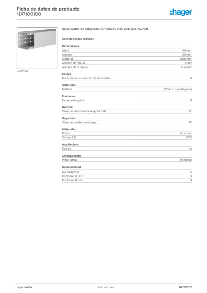 Imagen Hager Ficha de datos de producto HA7100100 | Hager España