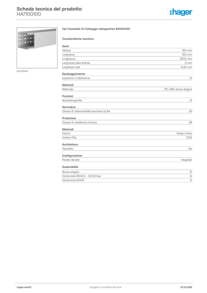 Immagine Hager Scheda tecnica del prodotto HA7100100 | Hager Italia